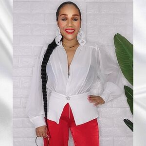 White Classic Vintage Inspired Deep V One Button Blouse